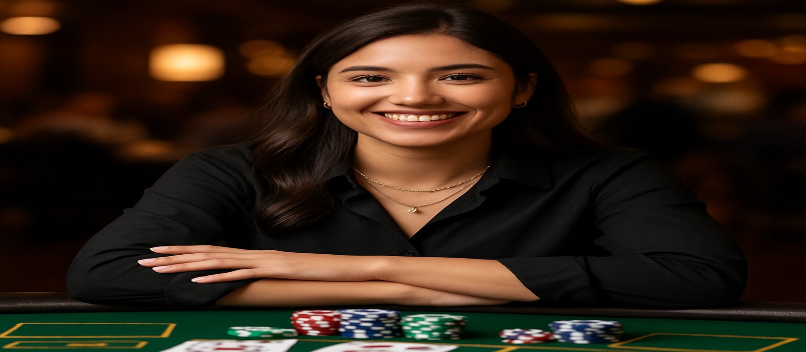 8999bet-এ একটি হাসিখুশি মেয়ে ডিলার গেমিং প্ল্যাটফর্মের কার্ড টেবিলে সামনে চিপস ও কার্ড রেখে বিস্তৃত খেলার বিকল্পসমূহ প্রস্তাব করছেন।
