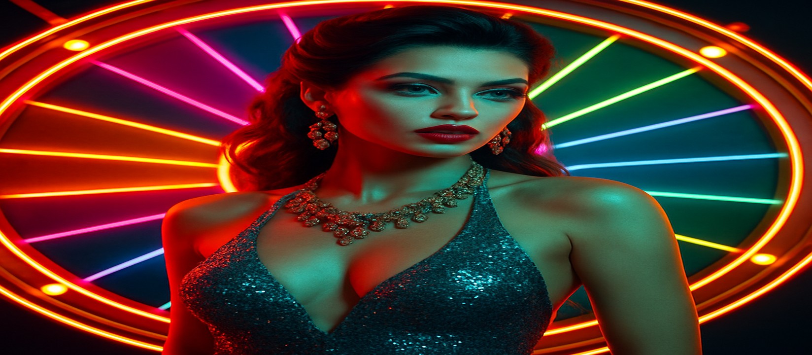 8999bet–এর রঙিন গেমিং প্ল্যাটফর্মে চাকার সামনে উজ্জ্বল পোশাকে এক নারী