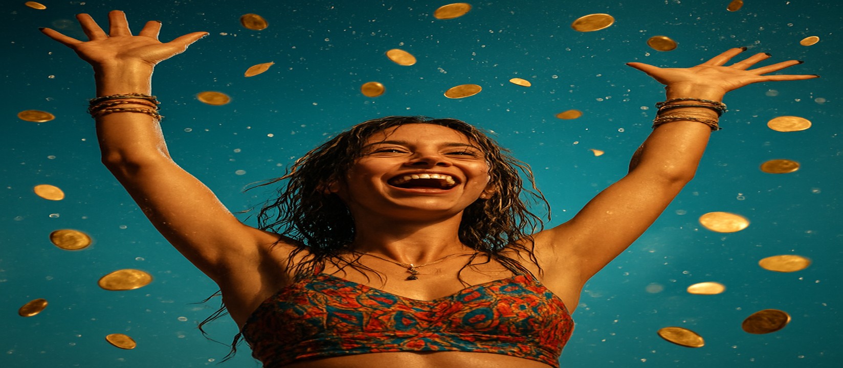 8999bet–এ মুদ্রার ঝরনার মাঝে রঙিন পোশাকে এক নারী
